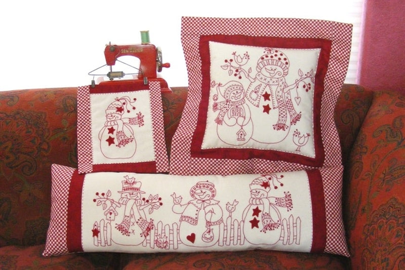 RedWork Snow People - Hand Embroidery Pattern - Shipped