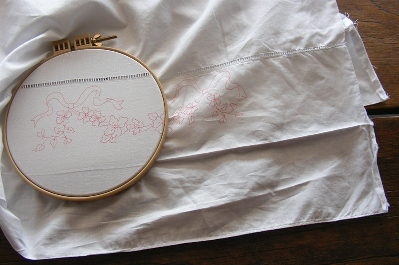 Blossoms & Ribbons RedWork Pillowcase - Hand Embroidery Pattern Shipped