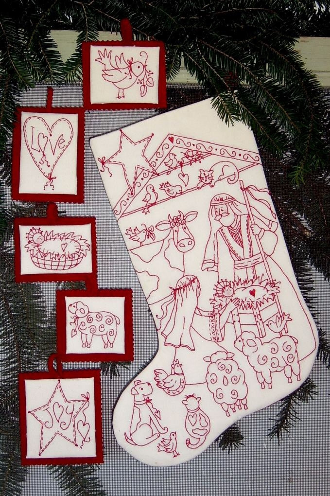Nativity Pageant RedWork Stocking - Hand Embroidery Pattern - Shipped