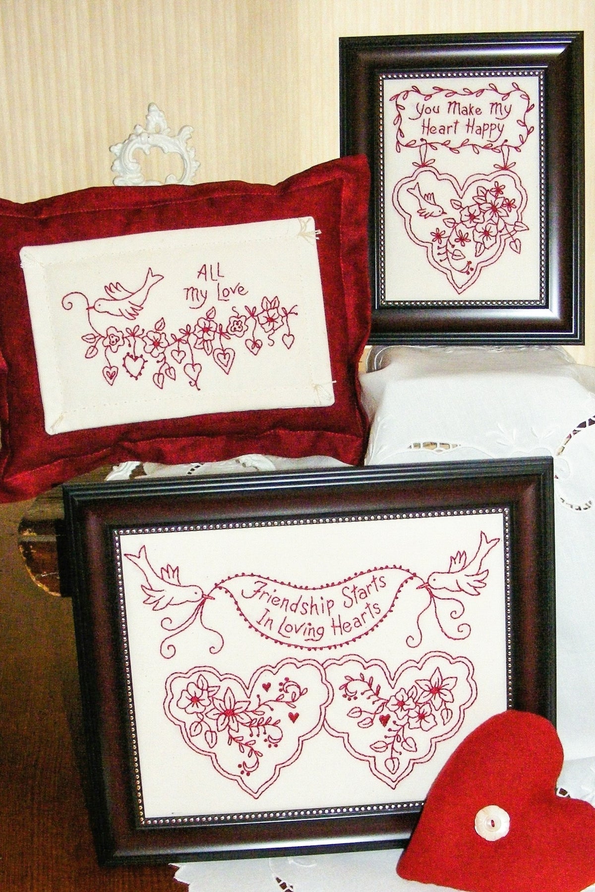 Loving Hearts RedWork - Hand Embroidery Pattern - Shipped