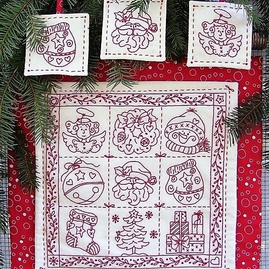 Holiday Nine-Patch Redwork - Hand Embroidery Pattern - Shipped