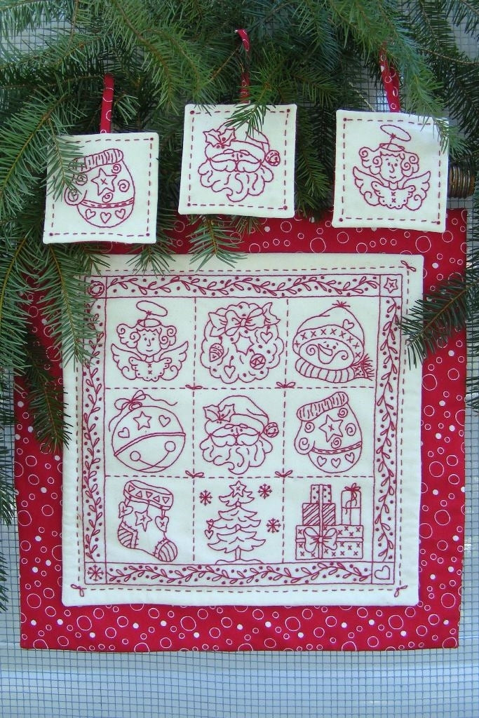 Holiday Nine-Patch Redwork - Hand Embroidery Pattern - Shipped