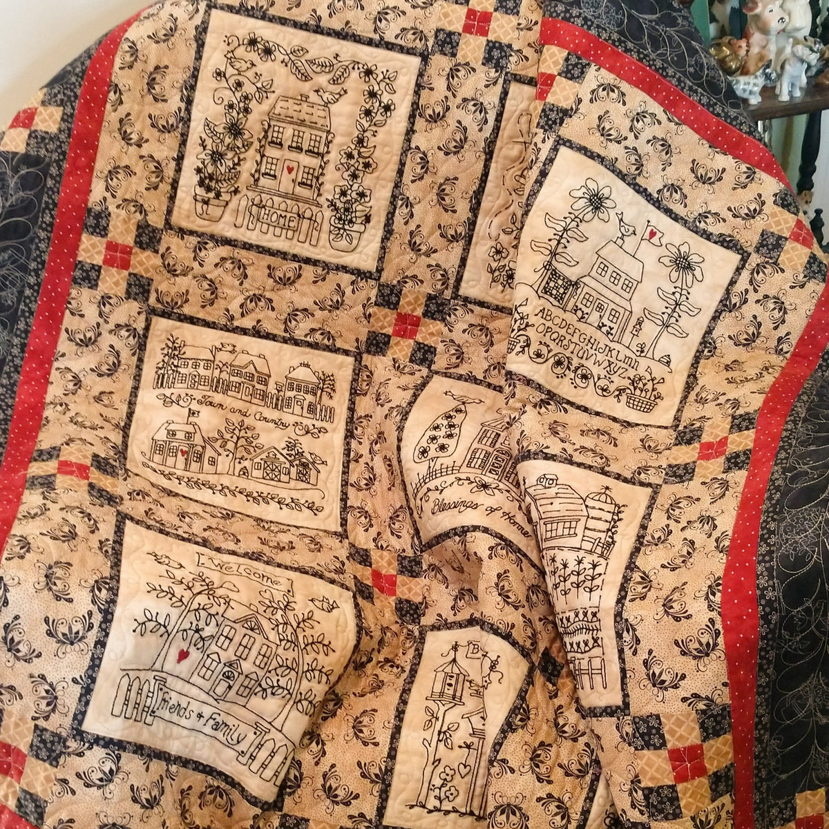 Home and Heart BlackWork Quilt - Hand Embroidery Pattern - Shipped