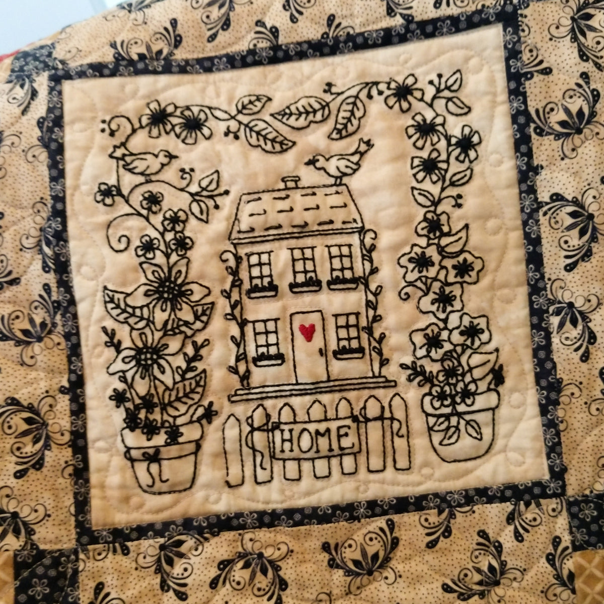 Home and Heart BlackWork Quilt - Hand Embroidery Pattern - Shipped