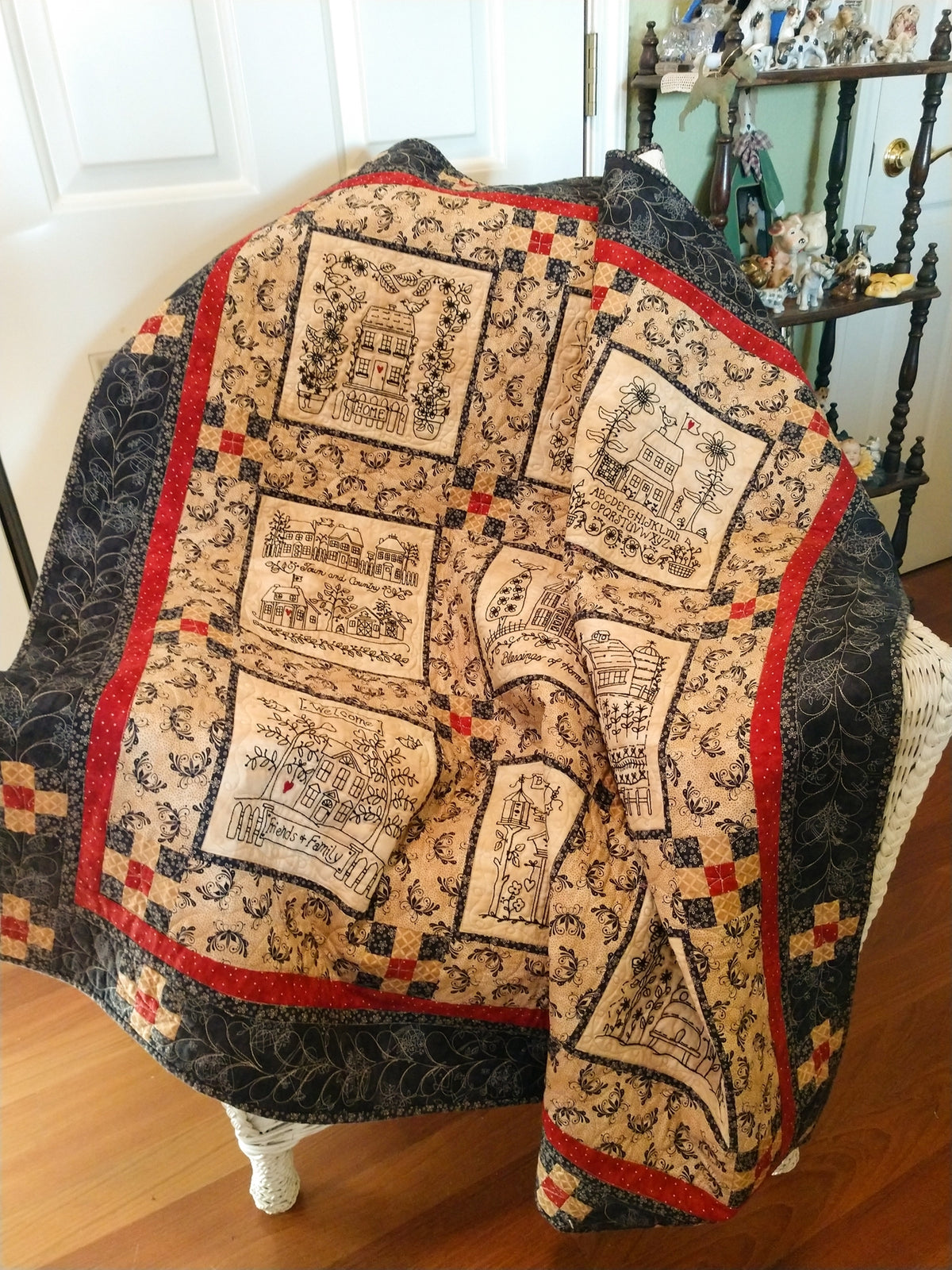 Home and Heart BlackWork Quilt - Hand Embroidery Pattern - Shipped