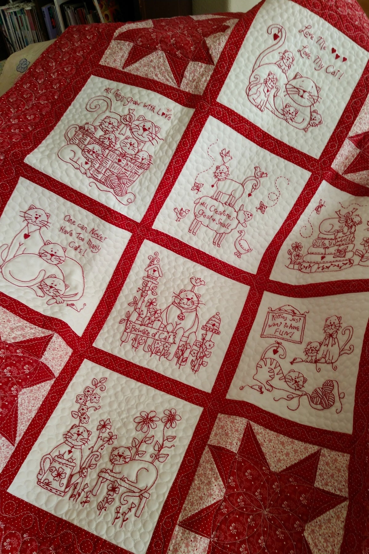Love Me, Love My Cat RedWork Quilt - Hand Embroidery Pattern - Shipped