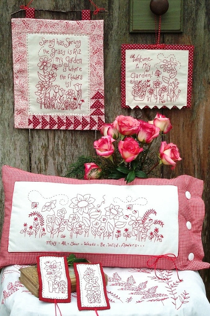Spring Garden RedWork - Hand Embroidery Pattern - Shipped