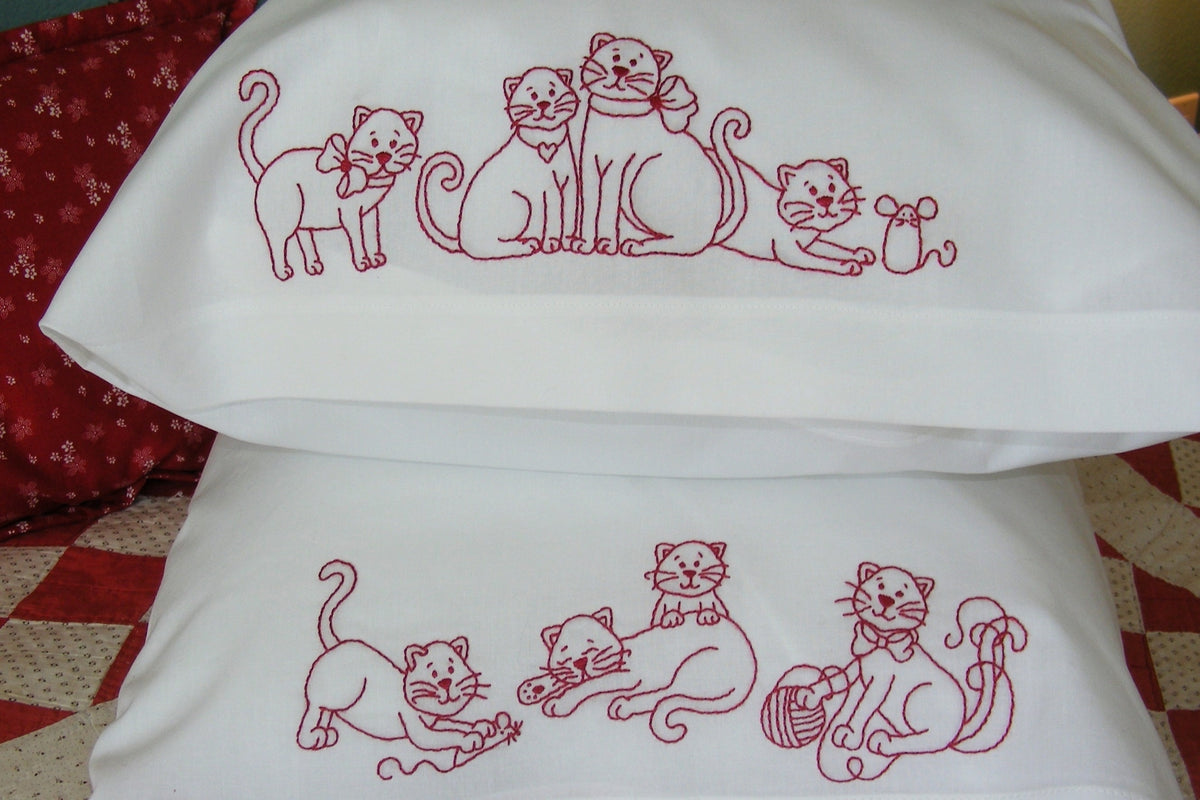 Frisky Kitties RedWork Pillowcase - BBD No-Trace
