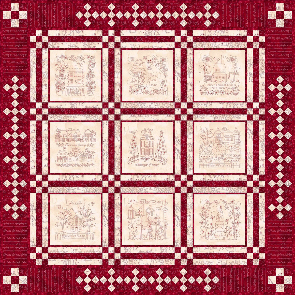 Home and Heart Redwork Quilt - Hand Embroidery Pattern - Download