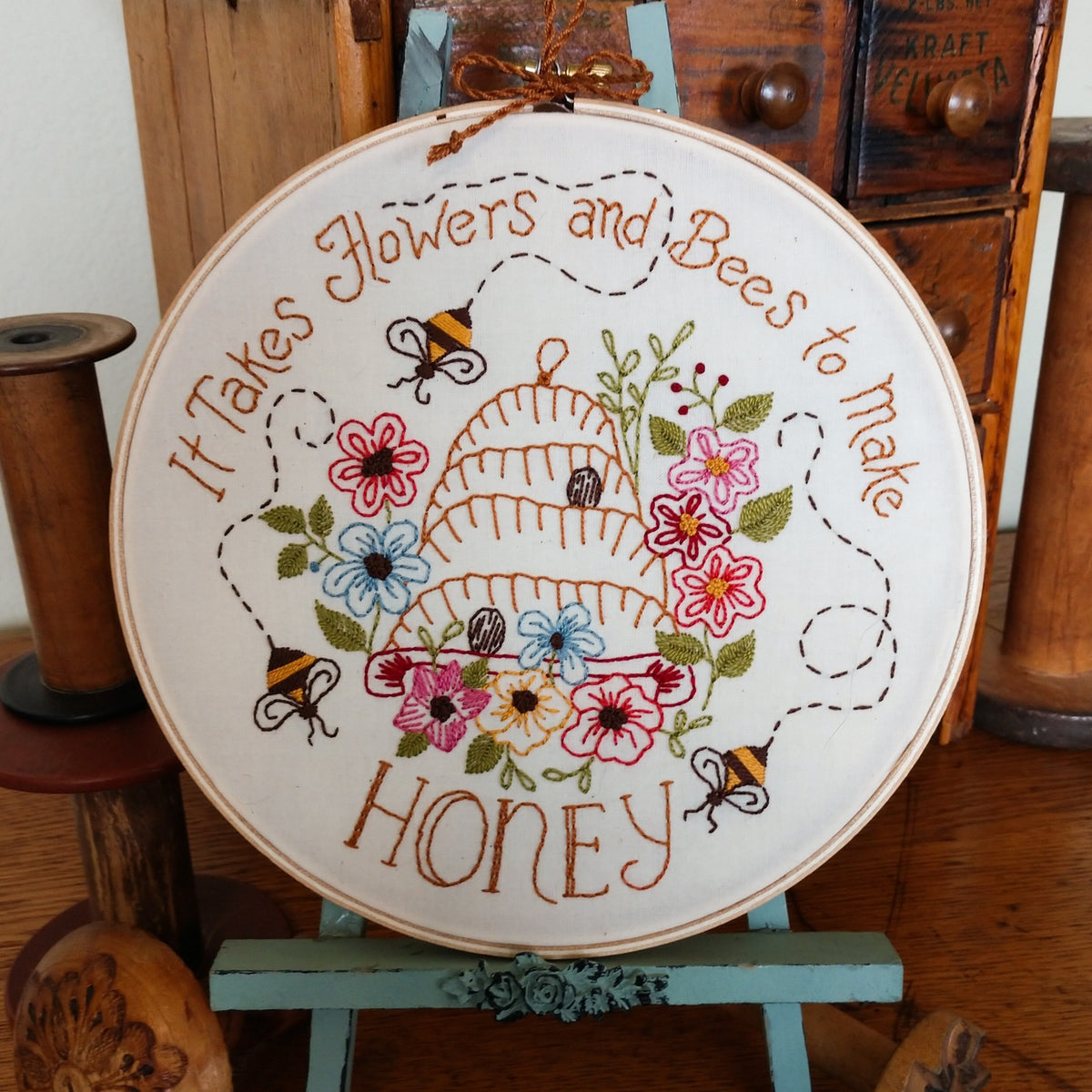 Flowers, Bees & Honey Hoop - Machine Embroidery Pattern - Shipped