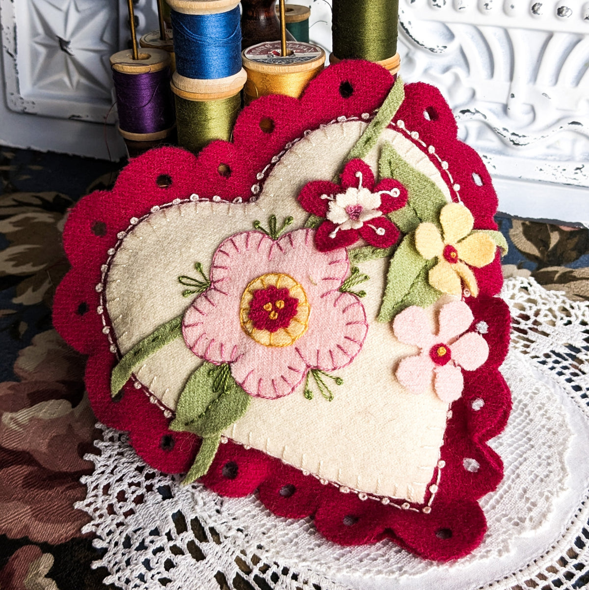 Lacey Heart Pin Cushion Sachet - Wool Applique Pattern - Shipped