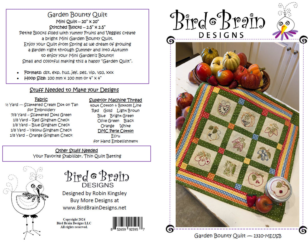Garden Bounty Mini Quilt - Machine Embroidery Pattern - Download
