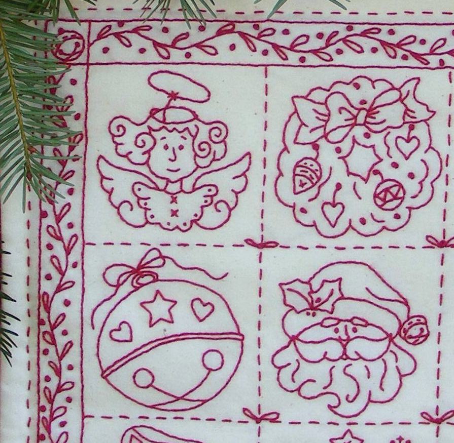 Holiday Nine-Patch Redwork - Hand Embroidery Pattern - Shipped