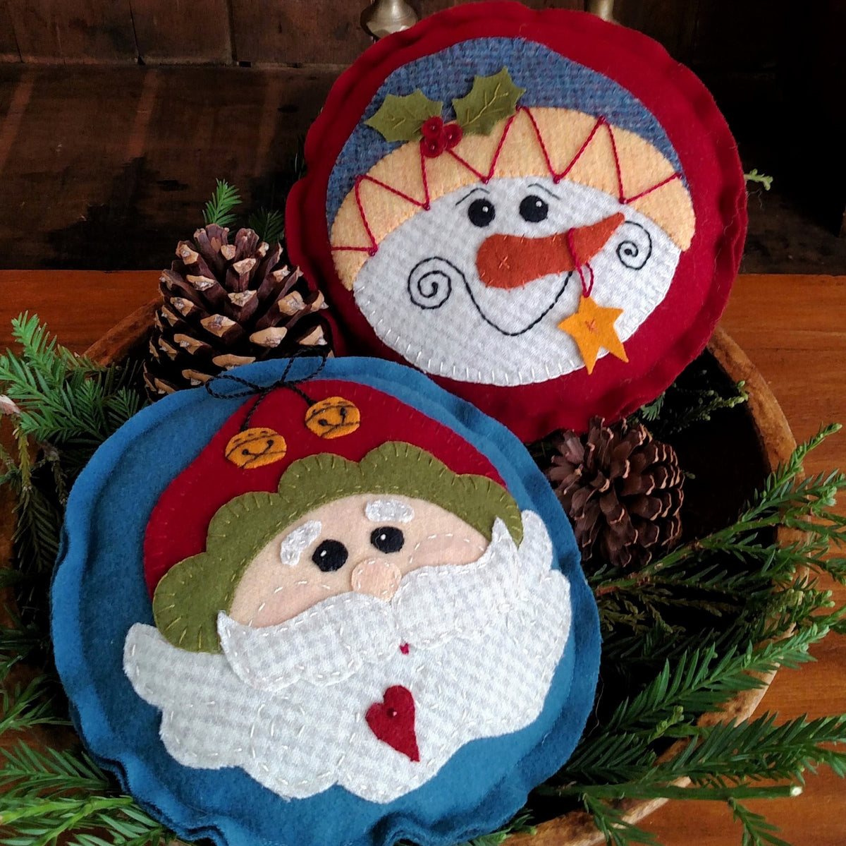 Santa & Snowman Pin Cushion - Wool Applique Pattern - Shipped