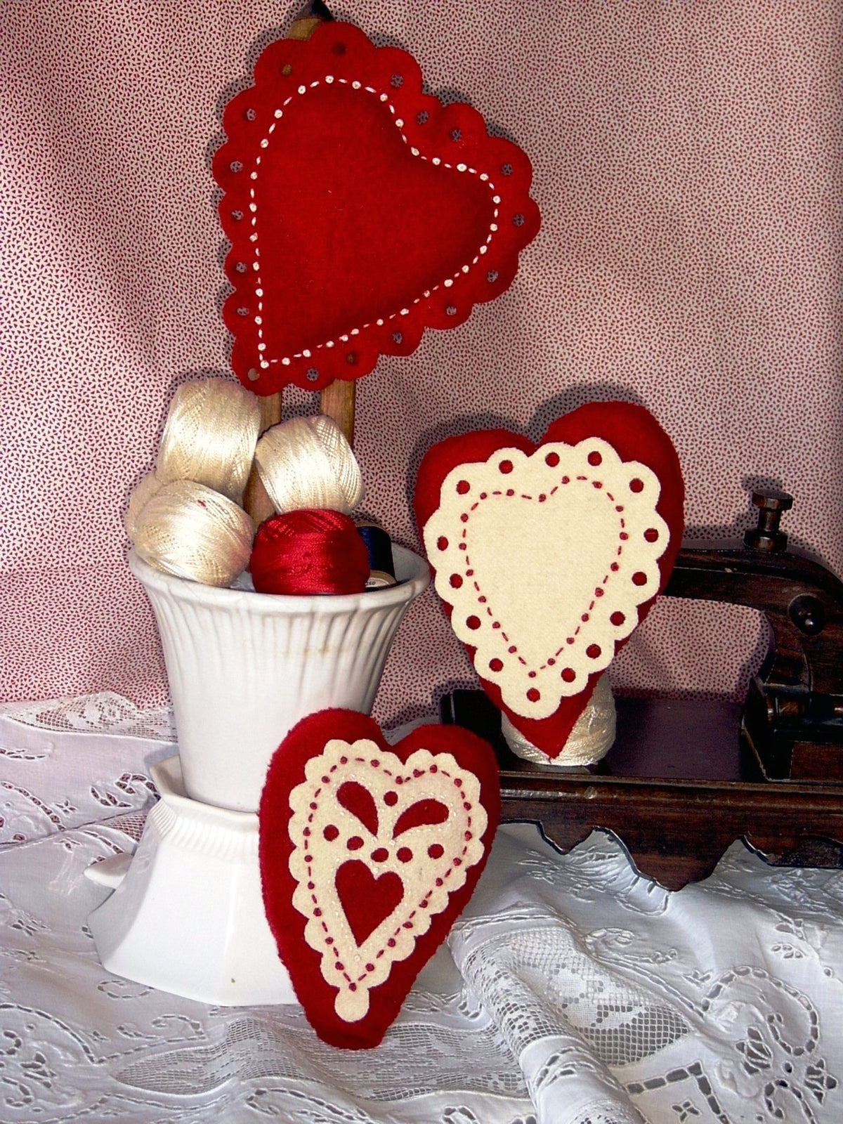 Lacey Heart Trio - Wool Applique Pattern - Shipped