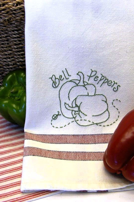 Fruit & Veggie - Bell Peppers Tea Towel - Hand Embroidery Pattern - Download