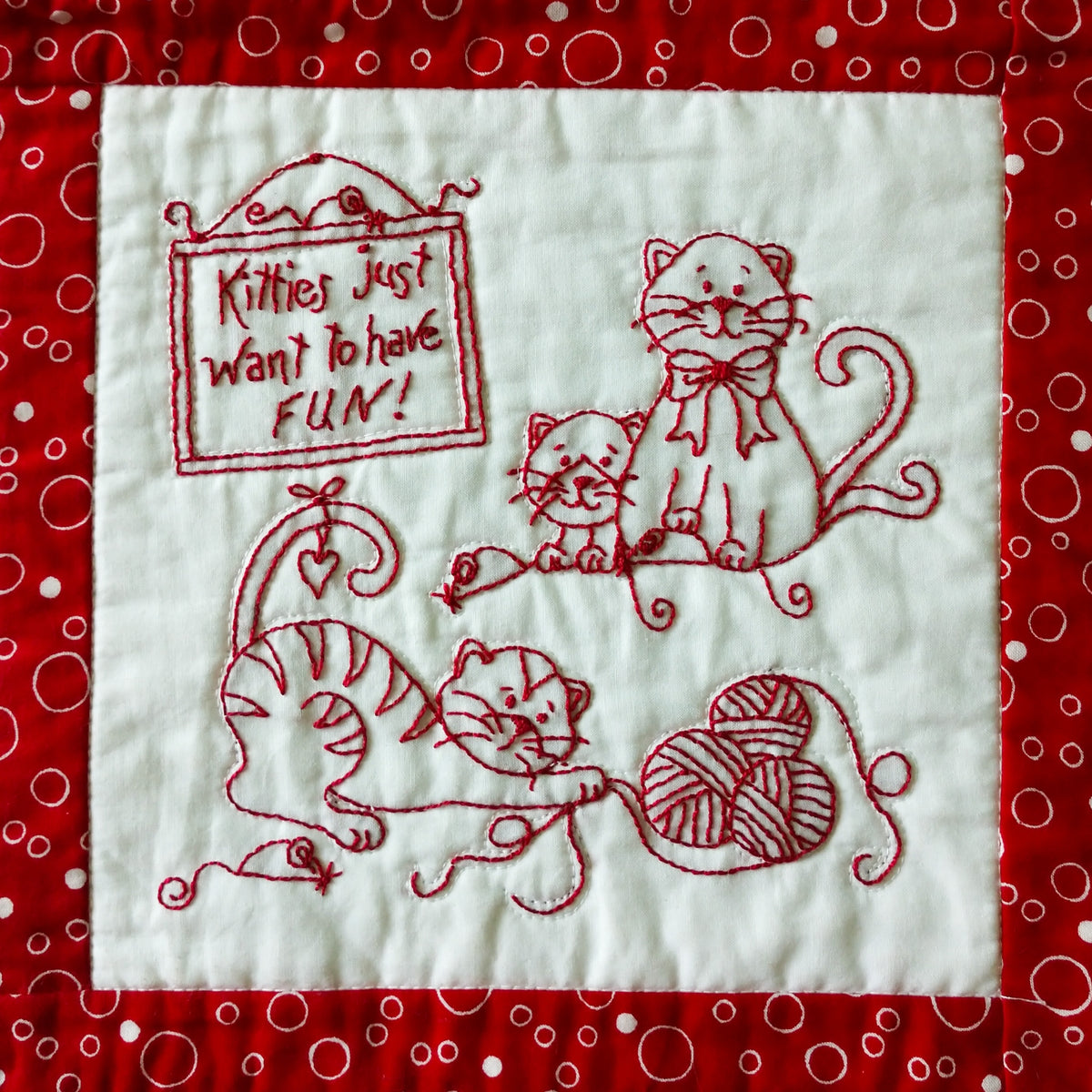 Love Me, Love My Cat RedWork Quilt - Hand Embroidery Pattern - Shipped