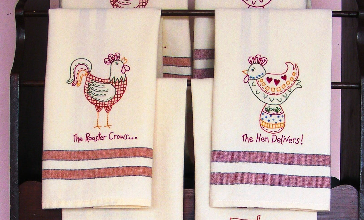 The Hen Delivers Tea Towels - Hand Embroidery Pattern - Shipped