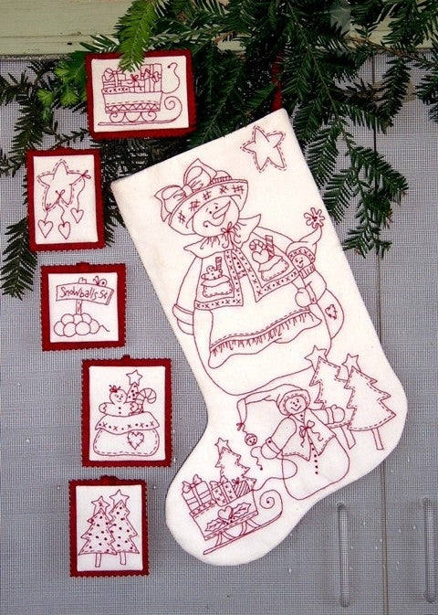Snow Mom Redwork Stocking - Hand Embroidery Pattern - Shipped