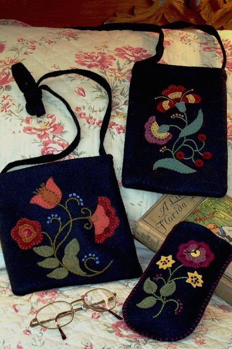 Jacobean Purse Pair & Eyeglass Case - Wool Applique Pattern - Shipped
