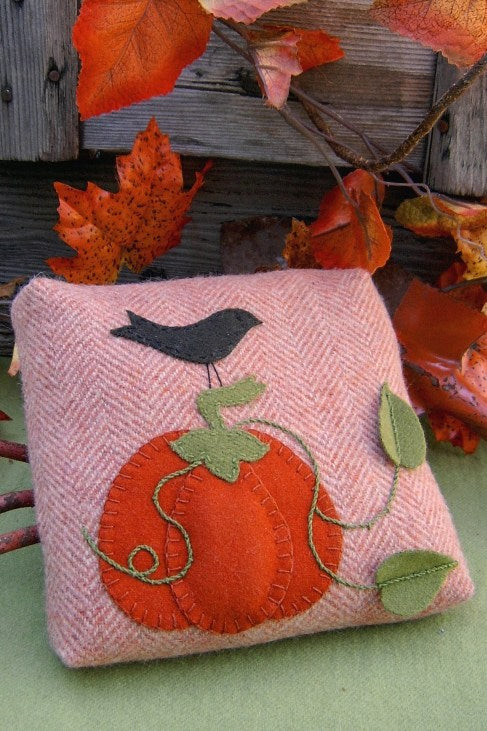Autumn Pumpkin Pin Cushion Pillow - Wool Applique Pattern - Shipped