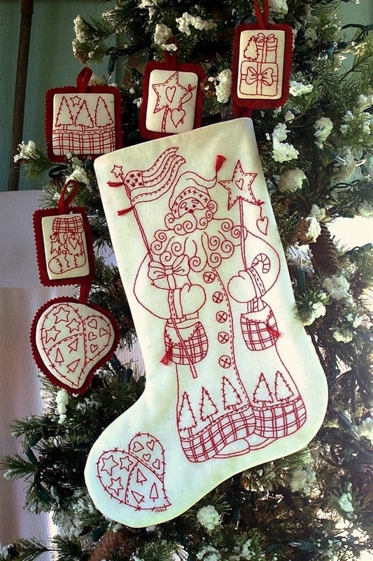 All American Santa RedWork Stocking - Hand Embroidery Pattern - Shipped