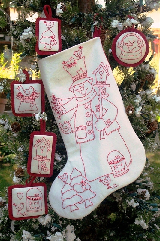 Woodland Snowman RedWork Stocking - Hand Embroidery Pattern - Shipped
