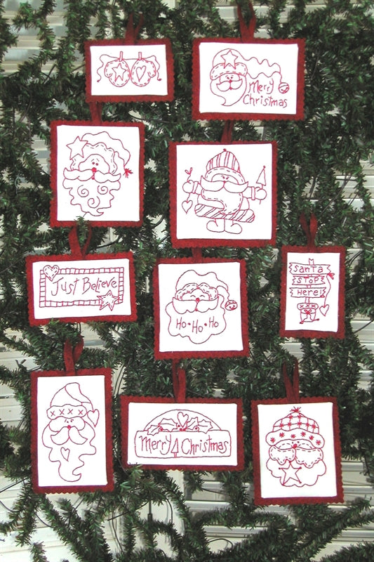 Santa Redwork Ornaments - Hand Embroidery Pattern - Shipped