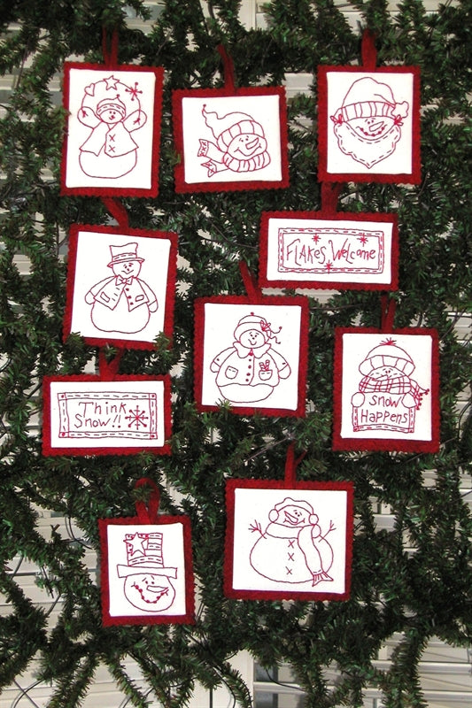 Snowmen Redwork Ornament Collection - Hand Embroidery Pattern - Shipped
