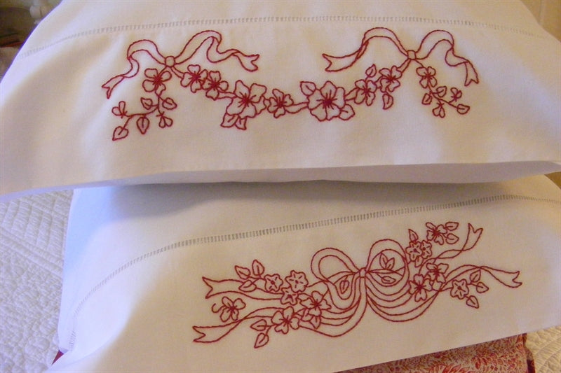 Blossoms & Ribbons RedWork Pillowcase - Hand Embroidery Pattern Shipped