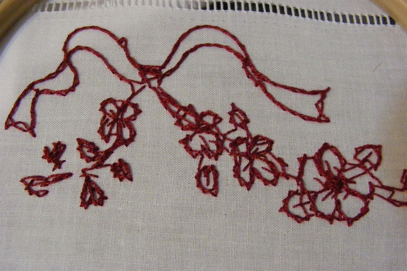 Blossoms & Ribbons RedWork Pillowcase - Hand Embroidery Pattern Shipped