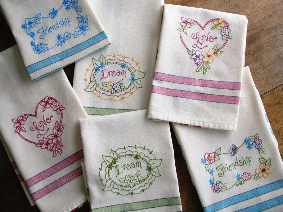 Love, Dream, Friendship Tea Towels - Hand Embroidery Pattern - Shipped