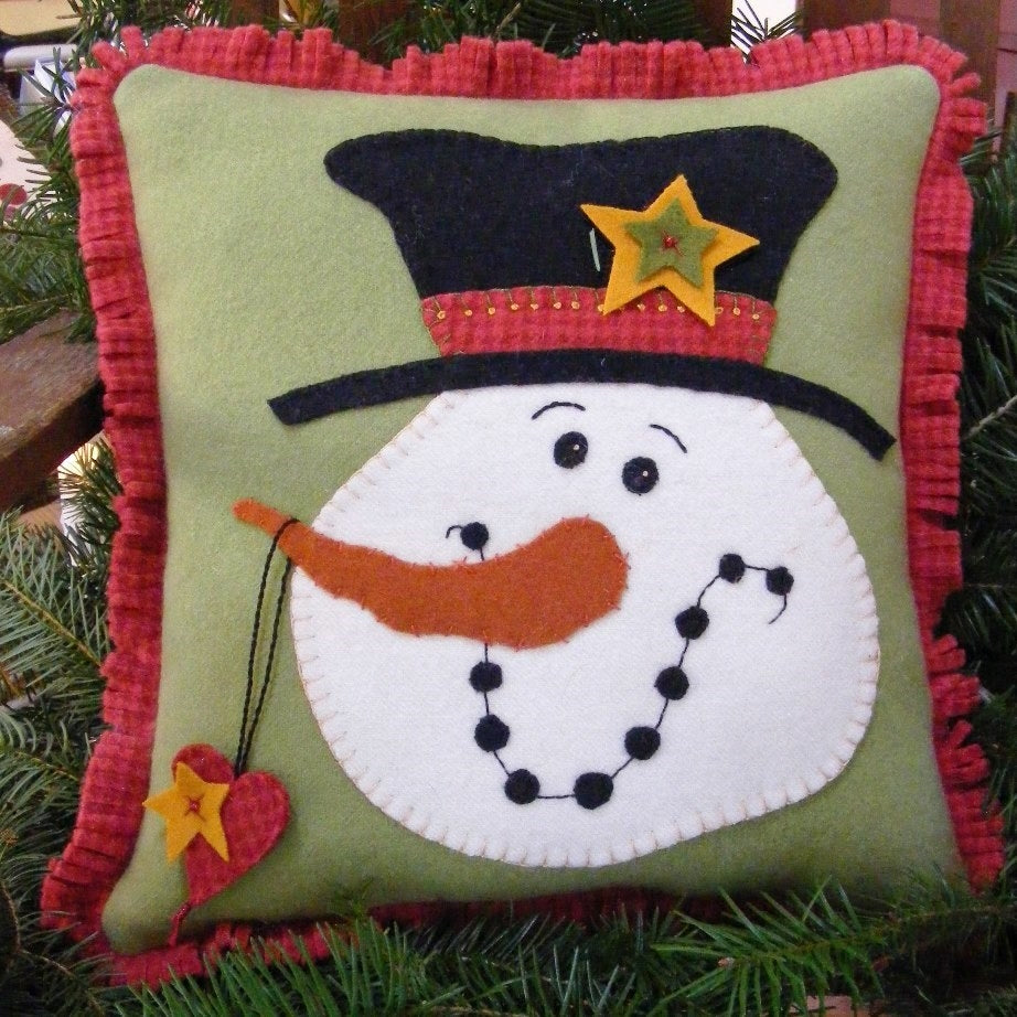 Top Hat Snowman Pillow - Wool Applique - Shipped