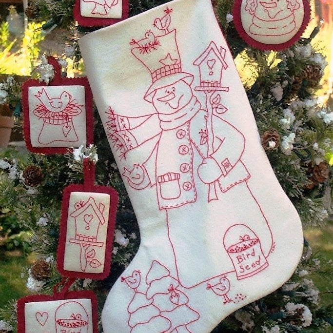 Woodland Snowman RedWork Stocking - Hand Embroidery Pattern - Shipped