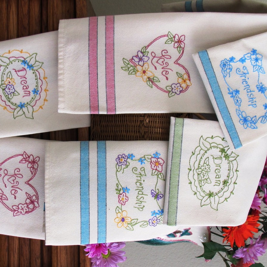 Love, Dream, Friendship Tea Towels - Hand Embroidery Pattern - Shipped