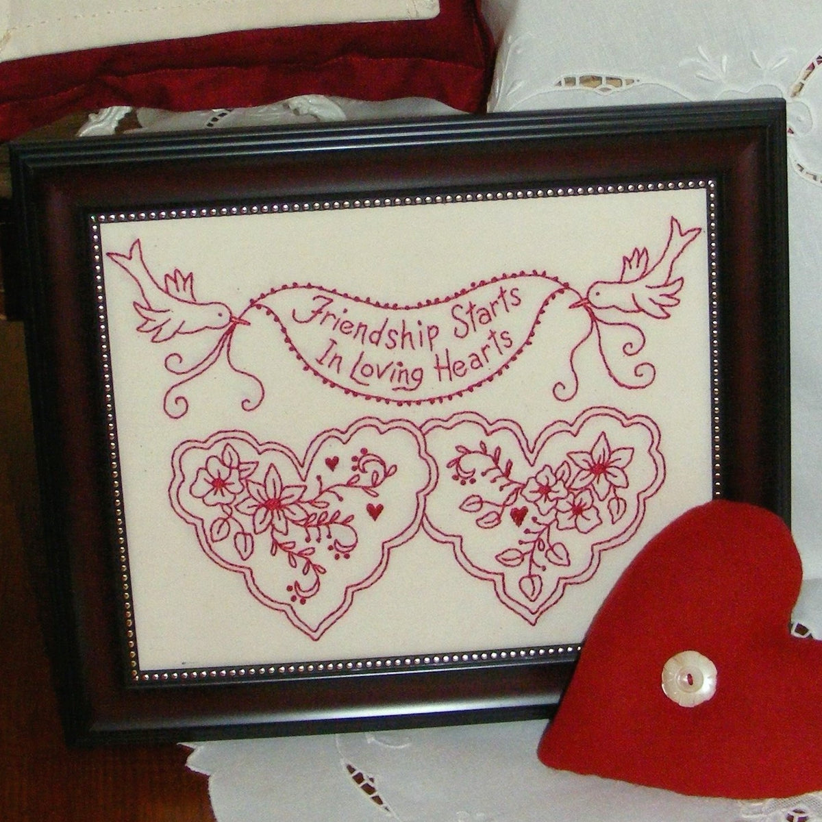 Loving Hearts RedWork - Hand Embroidery Pattern - Shipped