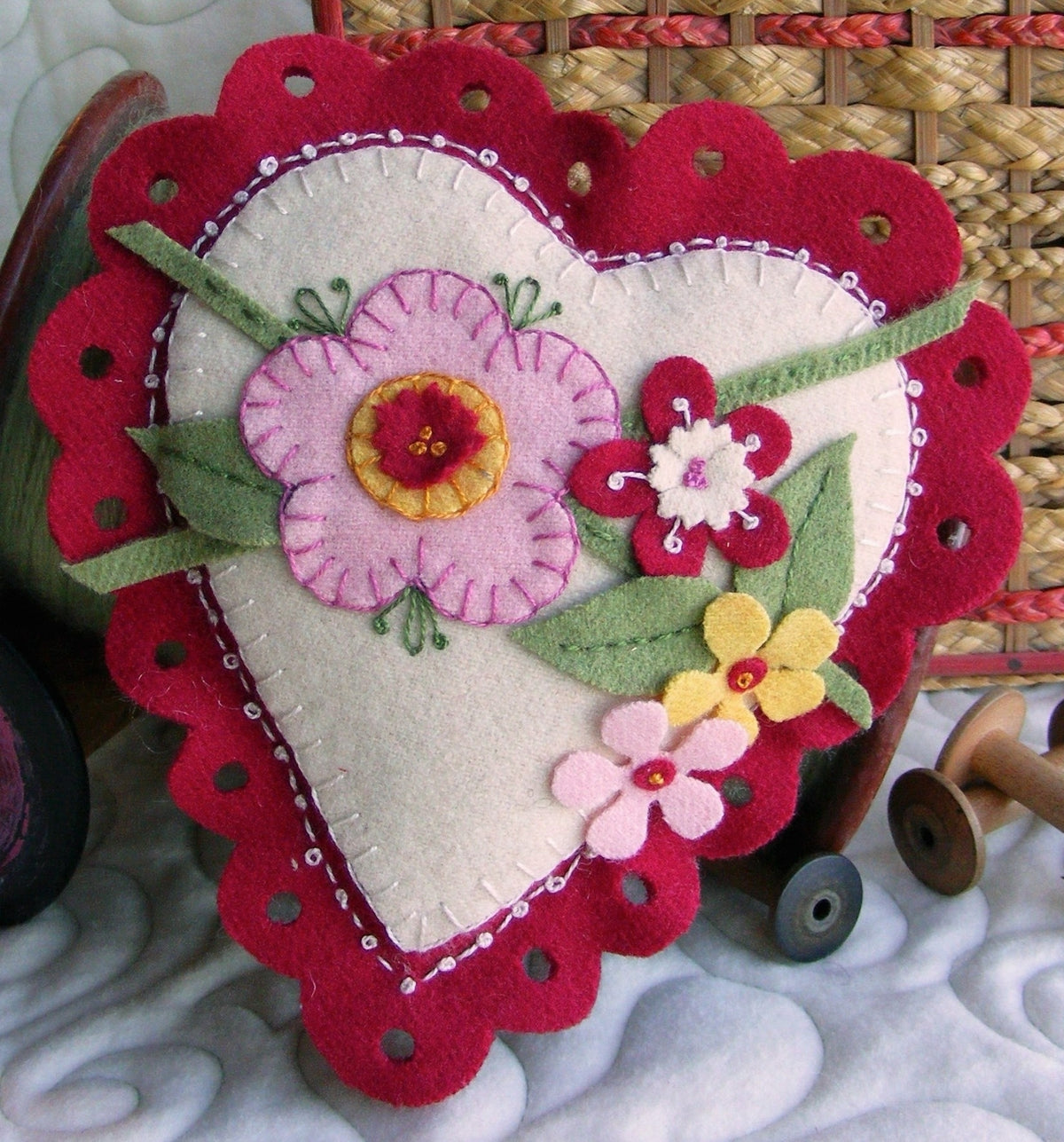 Lacey Heart Pin Cushion Sachet - Wool Applique Pattern - Shipped