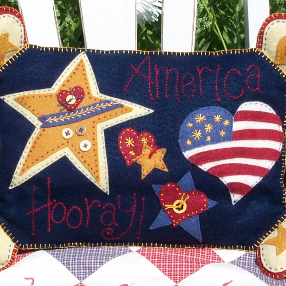 America Hooray! Pillow - Wool Applique Pattern - Shipped