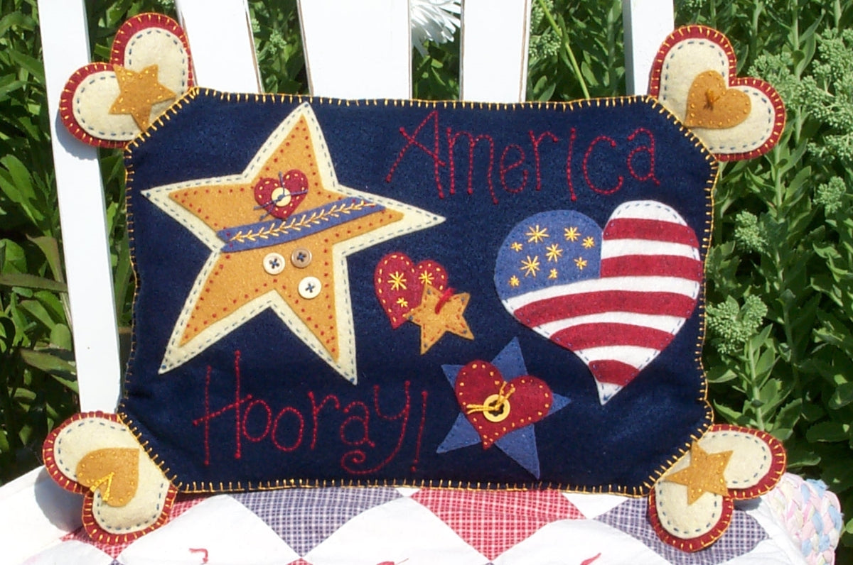America Hooray! Pillow - Wool Applique Pattern - Shipped