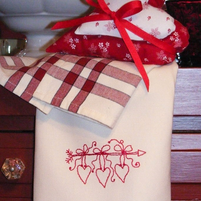 Valentine Hearts Tea Towel - Hand Embroidery Pattern - Download