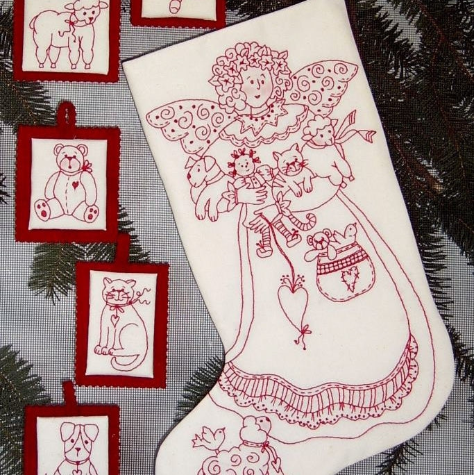 Angelic Friends RedWork Stocking - Hand Embroidery Pattern - Shipped
