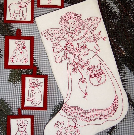 Angelic Friends RedWork Stocking - Hand Embroidery Pattern - Shipped