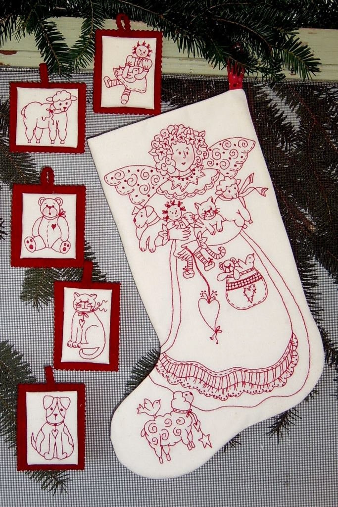 Angelic Friends RedWork Stocking - Hand Embroidery Pattern - Shipped