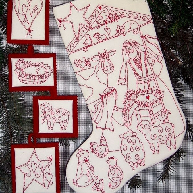 Nativity Pageant RedWork Stocking - Hand Embroidery Pattern - Shipped