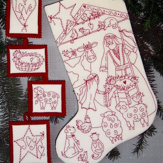 Nativity Pageant RedWork Stocking - Hand Embroidery Pattern - Shipped