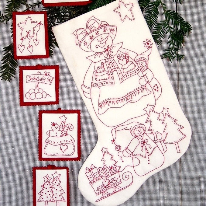 Snow Mom Redwork Stocking - Hand Embroidery Pattern - Shipped