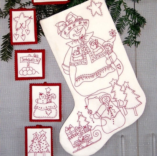Snow Mom Redwork Stocking - Hand Embroidery Pattern - Shipped
