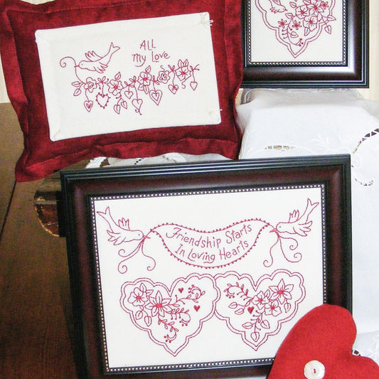 Loving Hearts RedWork - Hand Embroidery Pattern - Shipped