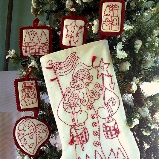 All American Santa RedWork Stocking - Hand Embroidery Pattern - Shipped