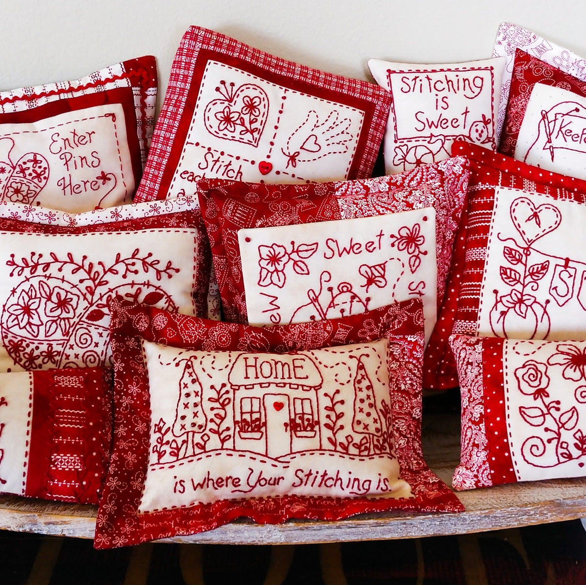RedWork Pin Cushion Pack - Hand Embroidery Pattern - Download